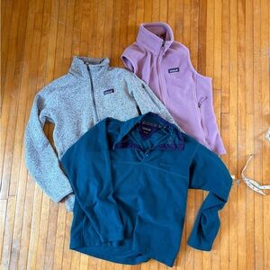 Patagonia Purple Vest, Gray Jacket, and Teal Pullover